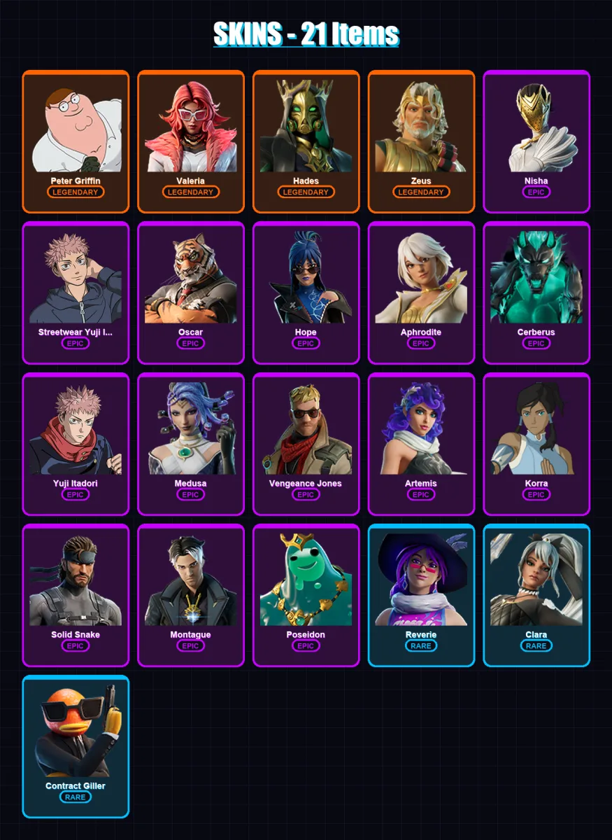 [PC/PSN] | Peter Griffin | Valeria | Hades | Zeus | Nisha | 21 skin | 26 pickaxe | 26 emote | 18 glider | Lv254