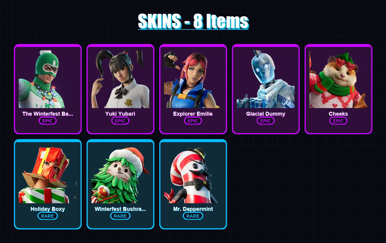 [PC/XBOX/PSN] | The Winterfest Bandit | Yuki Yubari | Explorer Emilie | Glacial Dummy | Cheeks | 8 skin | 34 pickaxe | 13 emote | 26 glider | Lv309