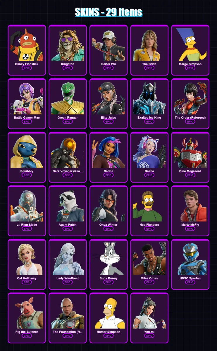 [PC/XBOX/PSN] | Blinky Fishstick | Kingston | Carter Wu | The Bride | Marge Simpson | 29 skin | 50 pickaxe | 35 emote | 40 glider | Lv628