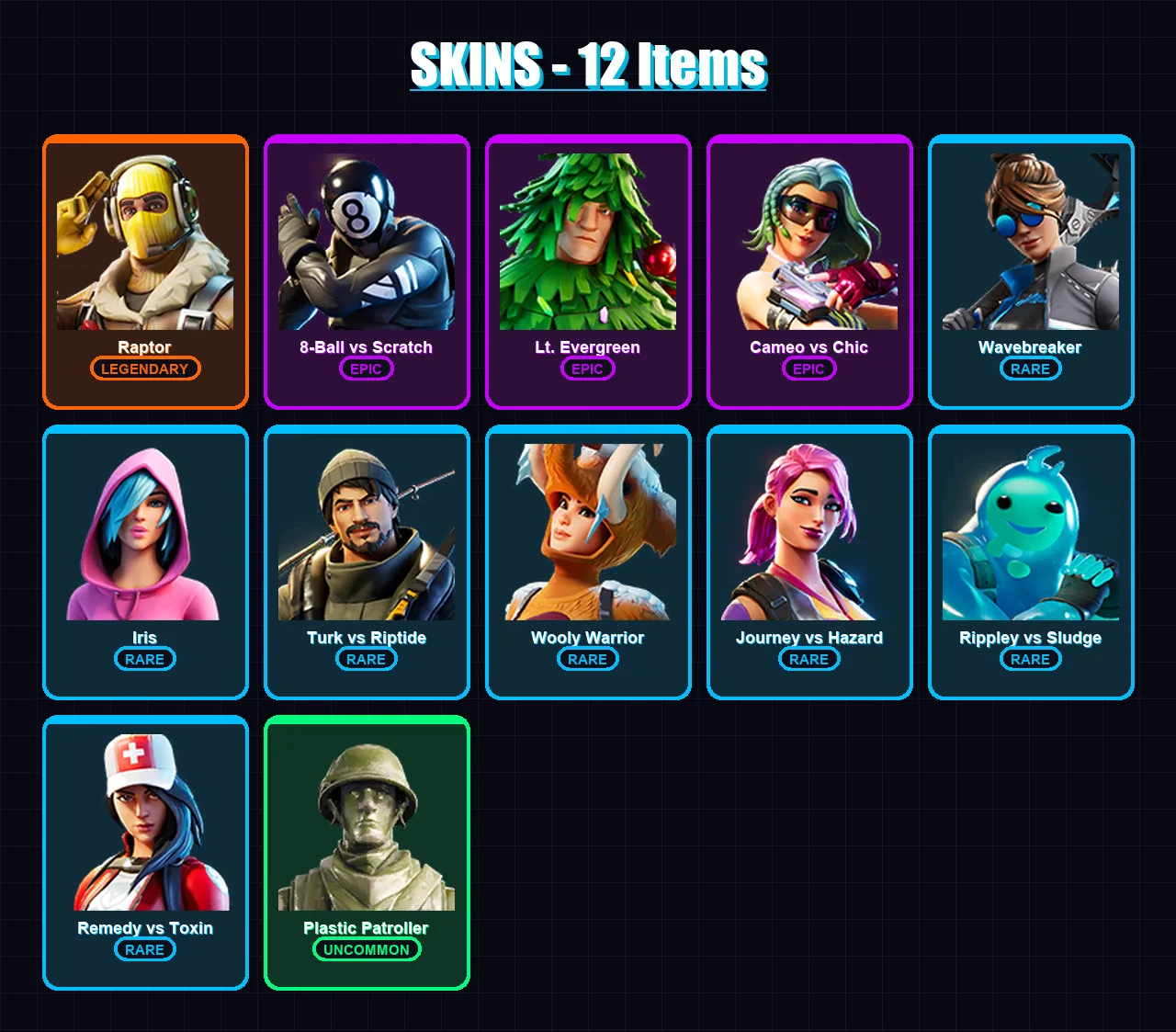 [PC/XBOX/PSN] | Raptor | 8-Ball vs Scratch | Lt. Evergreen | Cameo vs Chic | Wavebreaker | 12 skin | 16 pickaxe | 17 emote | 13 glider | Lv218