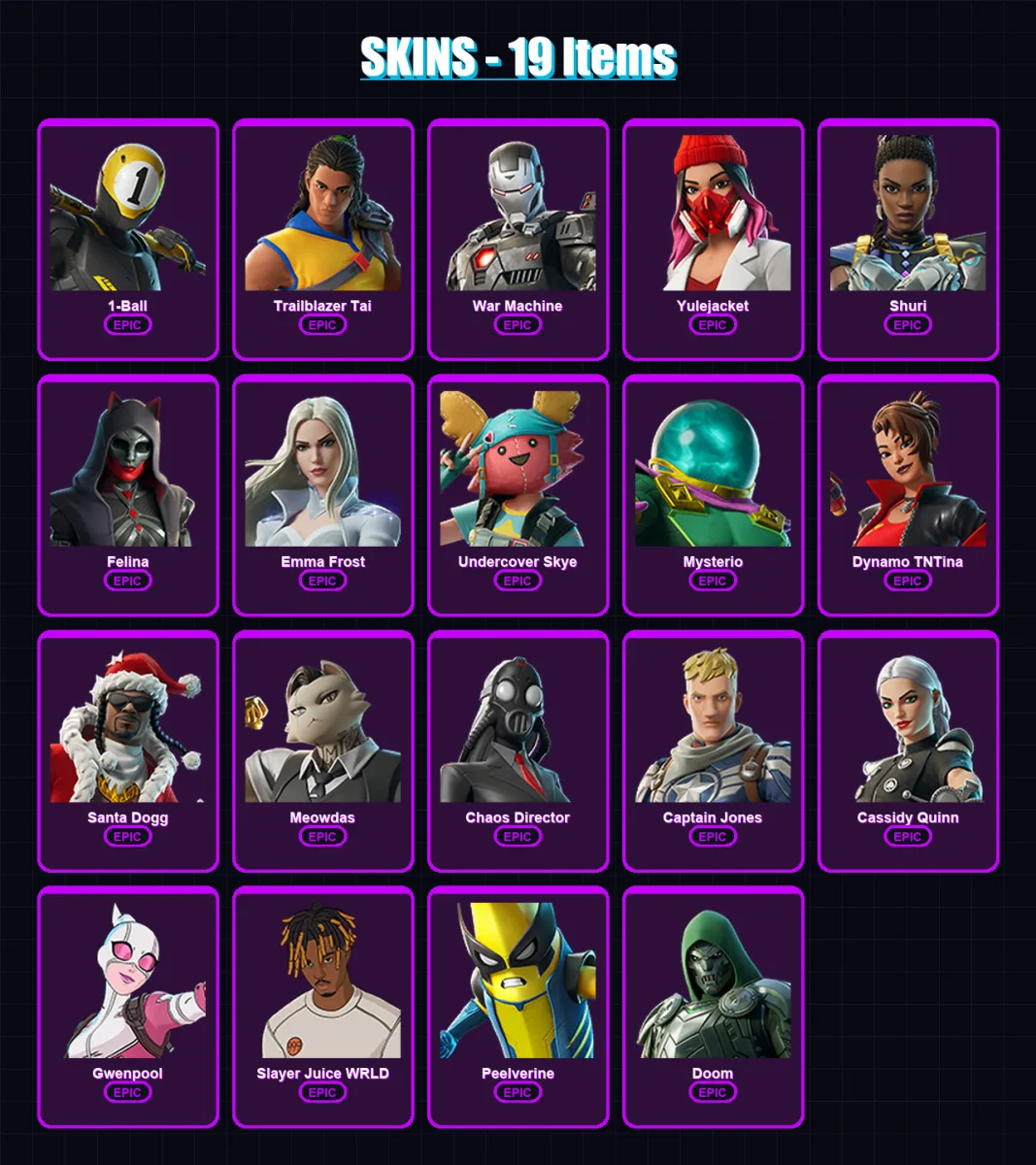 [PC/XBOX/PSN] | 1-Ball | Trailblazer Tai | War Machine | Yulejacket | Shuri | 19 skin | 41 pickaxe | 25 emote | 32 glider | Lv565