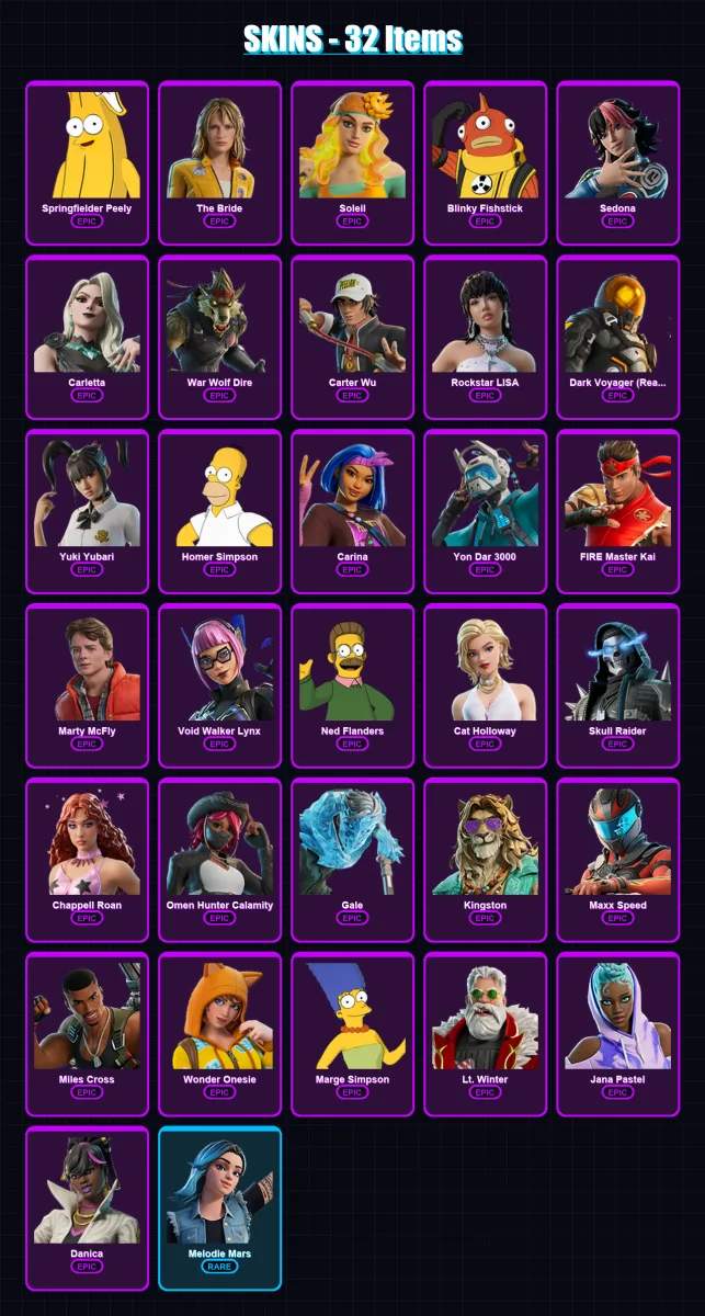[PC/XBOX/PSN] | Springfielder Peely | The Bride | Soleil | Blinky Fishstick | Sedona | 32 skin | 43 pickaxe | 28 emote | 24 glider | Lv242