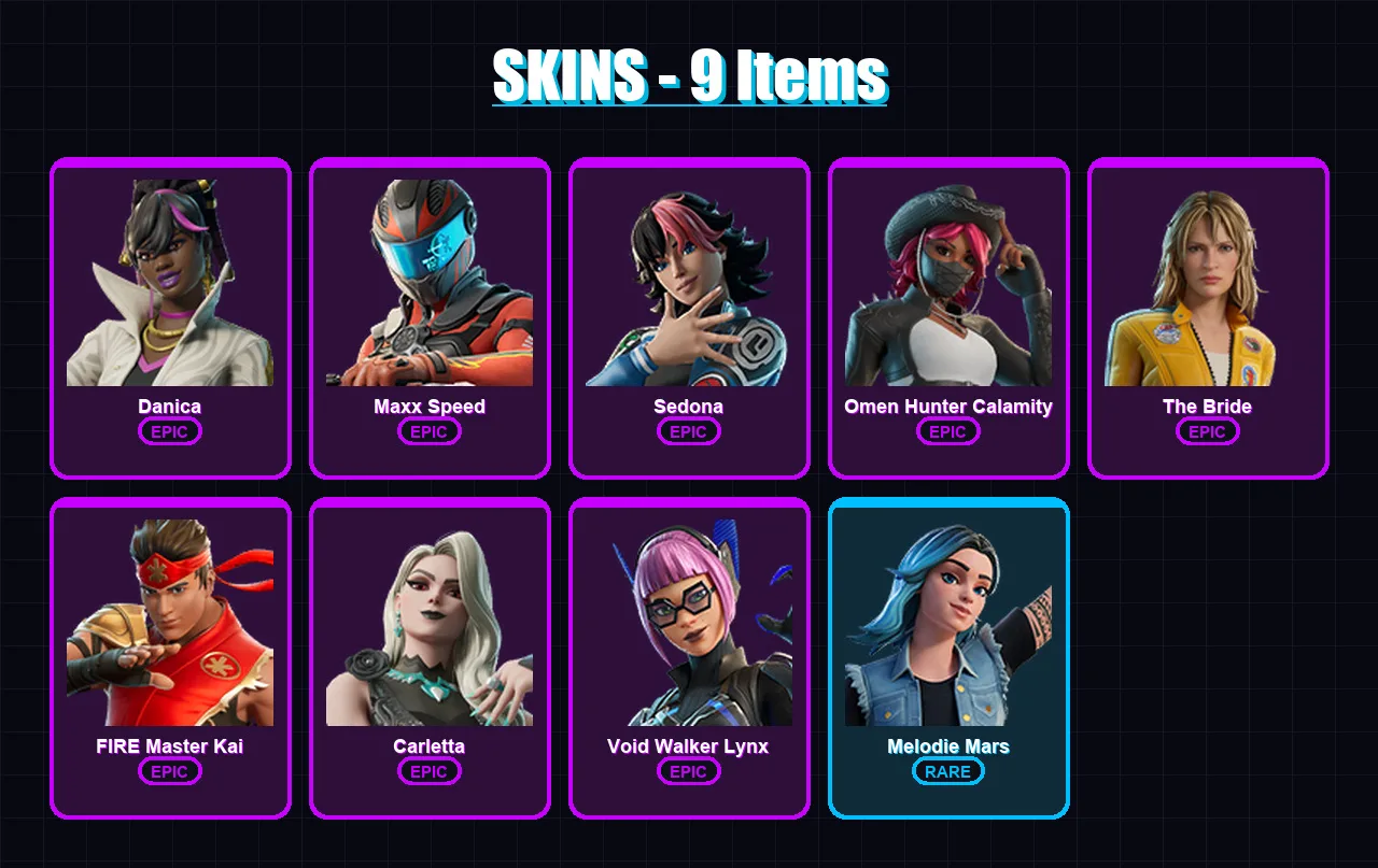 [PC/PSN] | Danica | Maxx Speed | Sedona | Omen Hunter Calamity | The Bride | 9 skin | 7 pickaxe | 3 emote | 4 glider | Lv9