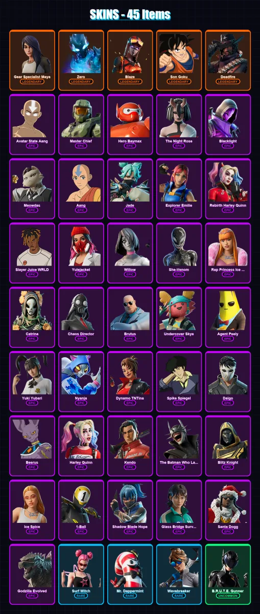 [PC/XBOX/PSN] | Gear Specialist Maya | Zero | Blaze | Son Goku | Deadfire | 45 skin | 62 pickaxe | 41 emote | 43 glider | Lv544