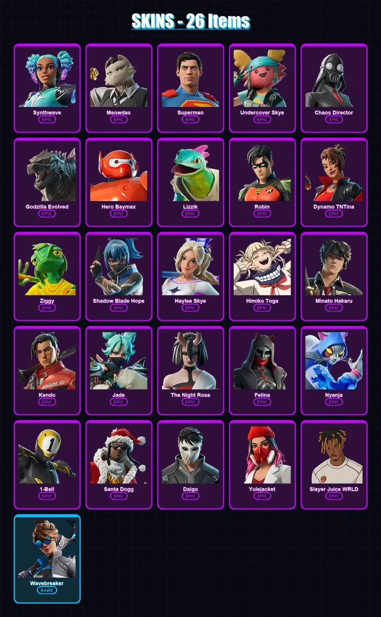 [PC/XBOX/PSN] | Synthwave | Meowdas | Superman | Undercover Skye | Chaos Director | 26 skin | 45 pickaxe | 30 emote | 30 glider | Lv385
