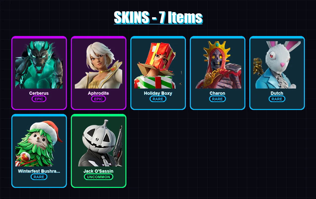 [PC/XBOX/PSN] | Cerberus | Aphrodite | Holiday Boxy | Charon | Dutch | 7 skin | 14 pickaxe | 6 emote | 13 glider | Lv179