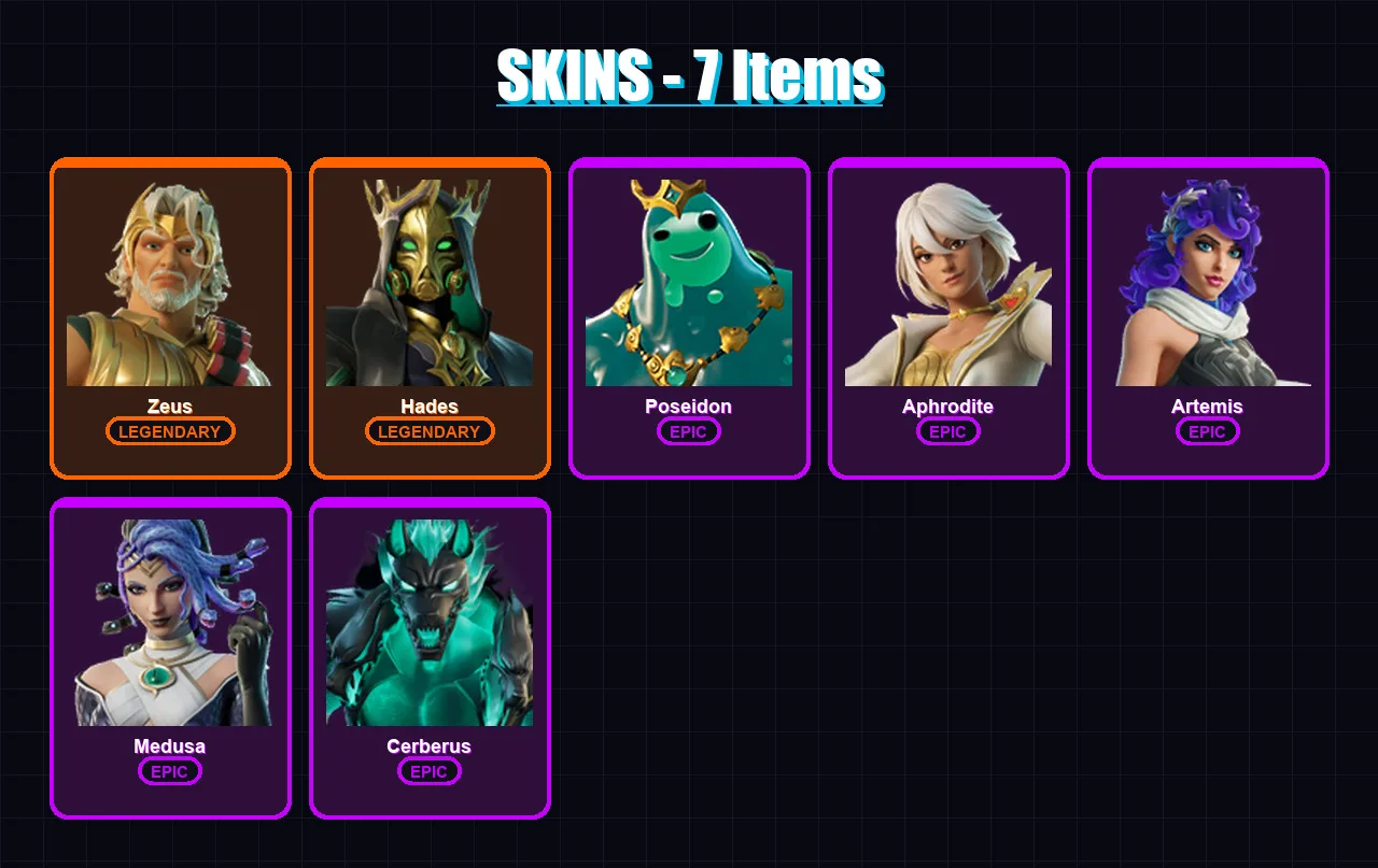 [PS4/PS5/XBOX/PC] | Zeus | Hades | Poseidon | Aphrodite | Artemis | 7 skin | 40 pickaxe | 23 emote | 32 glider | Lv589
