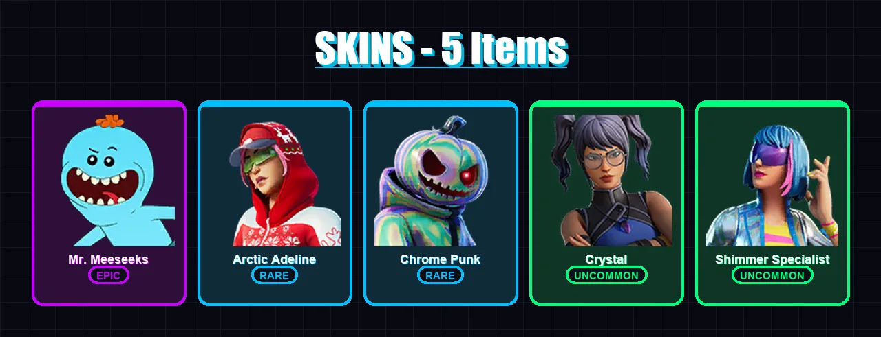 [PS4/PS5/PC] | Mr. Meeseeks | Arctic Adeline | Chrome Punk | Crystal | Shimmer Specialist | 5 skin | 29 pickaxe | 18 emote | 27 glider | Lv597