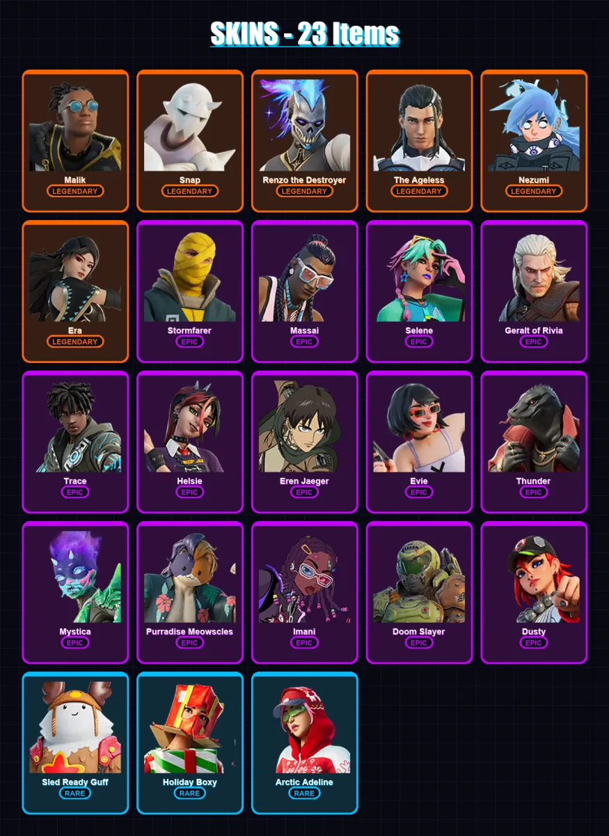 [PC] | Malik | Snap | Renzo the Destroyer | The Ageless | Nezumi | 23 skin | 36 pickaxe | 28 emote | 44 glider | Lv562