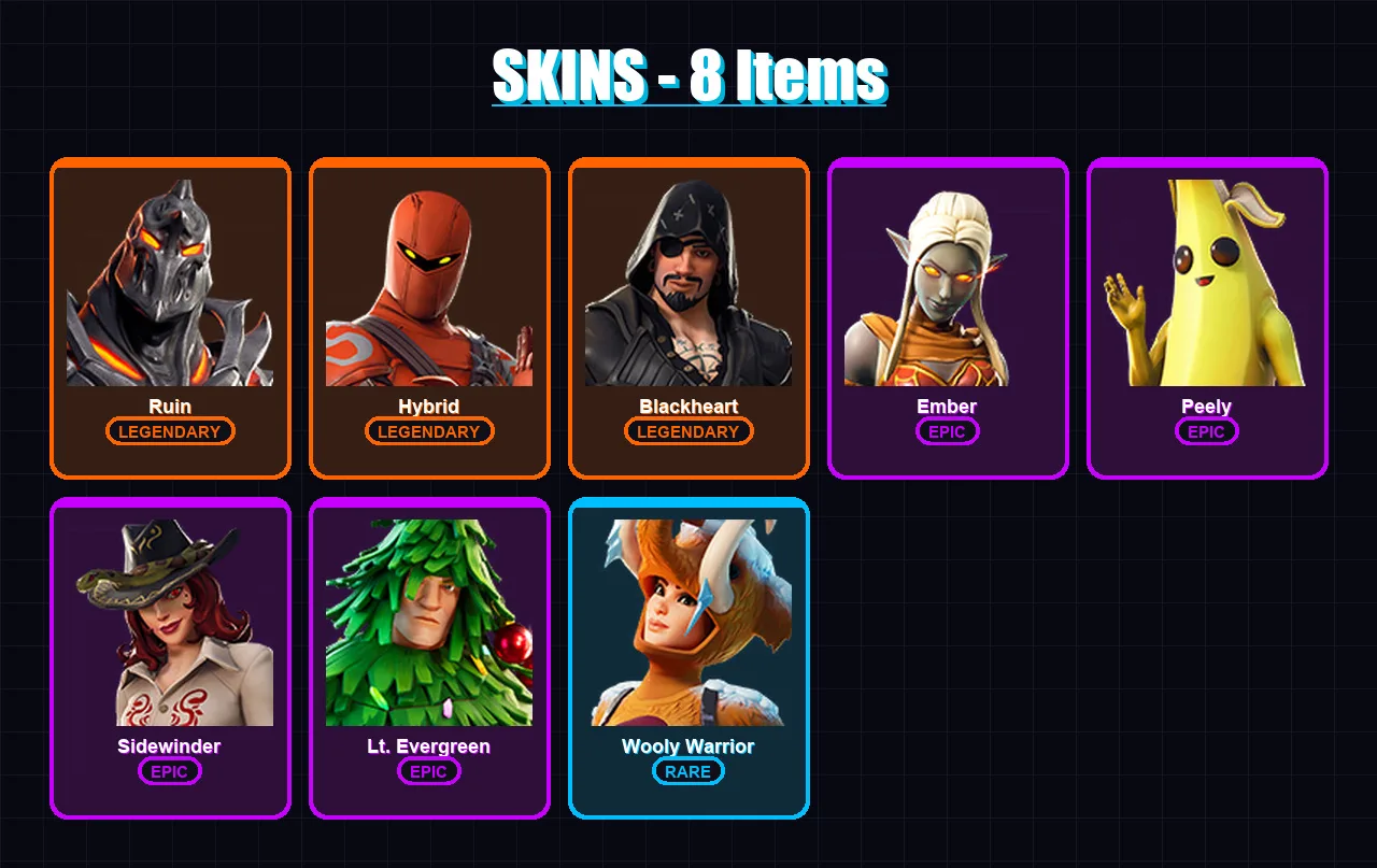 [PC/XBOX/PSN] | Ruin | Hybrid | Blackheart | Ember | Peely | 8 skin | 11 pickaxe | 12 emote | 9 glider | Lv103