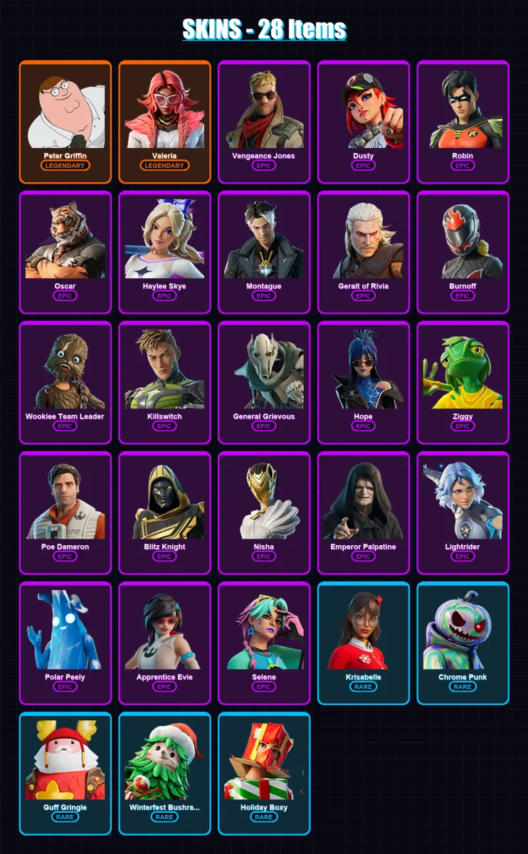 [PC/XBOX/PSN] | Peter Griffin | Valeria | Vengeance Jones | Dusty | Robin | 28 skin | 45 pickaxe | 32 emote | 32 glider | Lv577