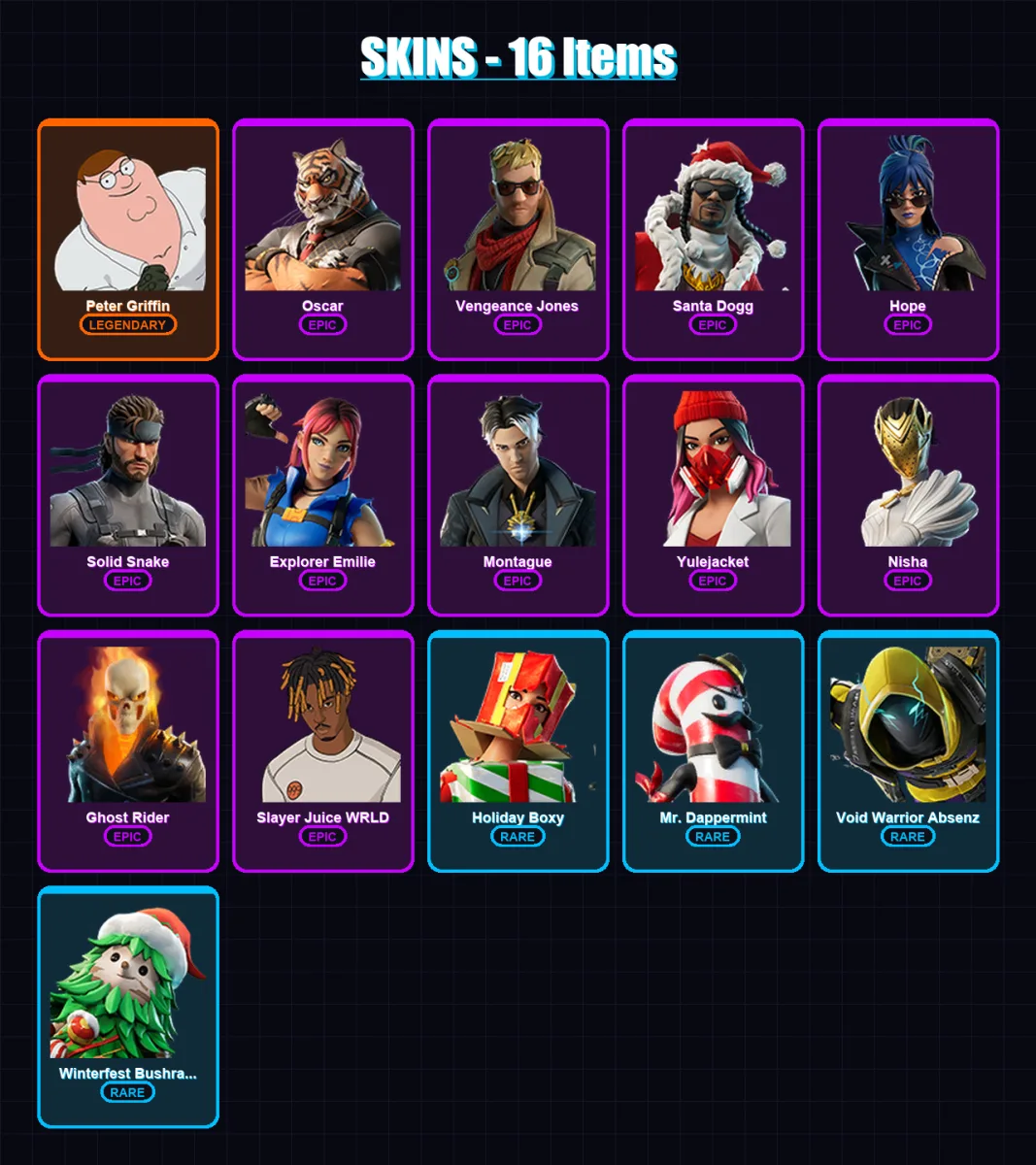 [PC/XBOX] | Peter Griffin | Oscar | Vengeance Jones | Santa Dogg | Hope | 16 skin | 34 pickaxe | 14 emote | 24 glider | Lv235