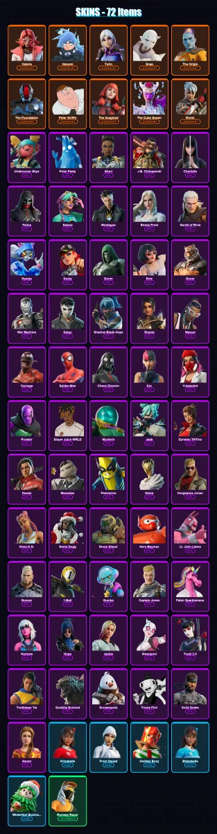 [PC/XBOX/PSN] | Valeria | Nezumi | Torin | Snap | The Origin | 72 skin | 98 pickaxe | 65 emote | 84 glider | Lv1102
