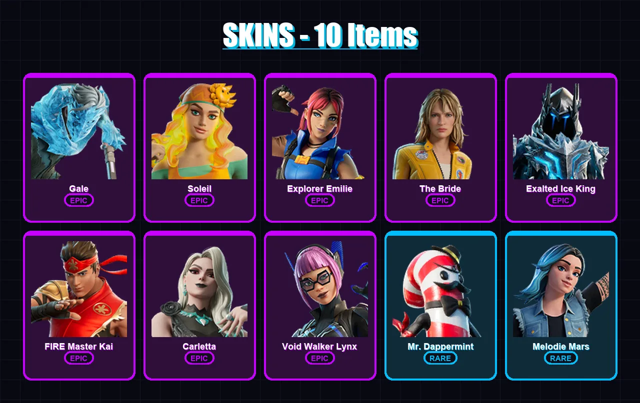 [PC/PSN] | Gale | Soleil | Explorer Emilie | The Bride | Exalted Ice King | 10 skin | 12 pickaxe | 7 emote | 10 glider | Lv42