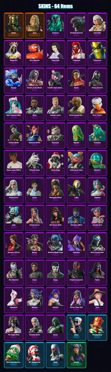 [PC/PSN] | Hades | Zeus | Cerberus | Godzilla Evolved | Aphrodite | 64 skin | 97 pickaxe | 63 emote | 65 glider | Lv1043 — Fortnite account