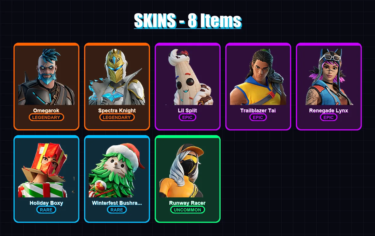 [PC/XBOX/PSN] | Omegarok | Spectra Knight | Lil Split | Trailblazer Tai | Renegade Lynx | 8 skin | 10 pickaxe | 16 emote | 16 glider | Lv271