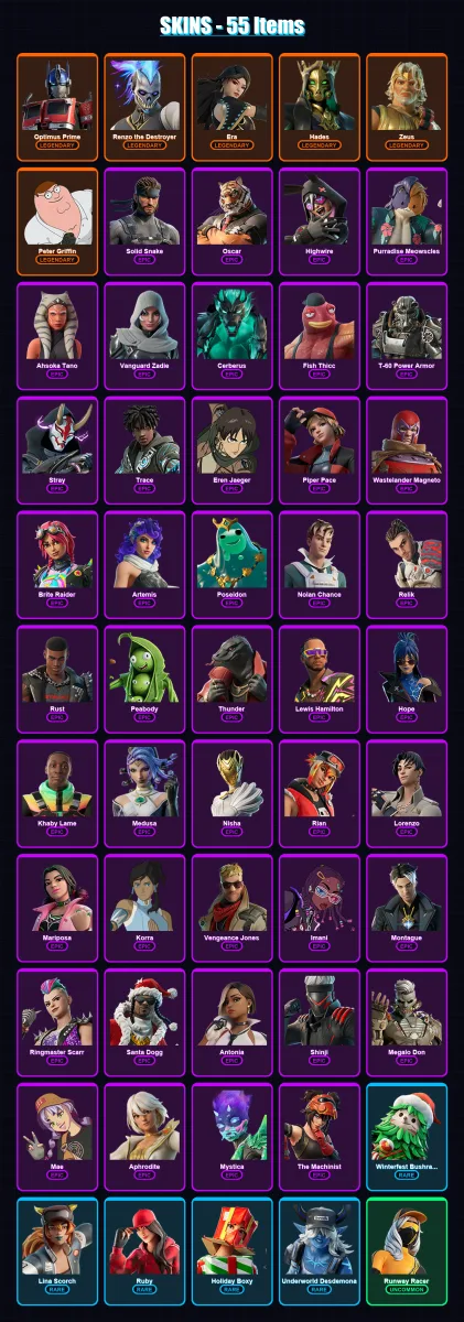 [PS4/PS5/XBOX/PC] | Optimus Prime | Renzo the Destroyer | Era | Hades | Zeus | 55 skin | 85 pickaxe | 53 emote | 73 glider | Lv816