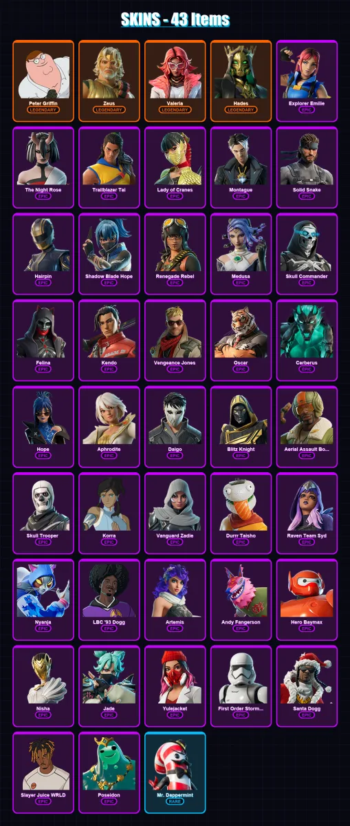 [PC/XBOX] | Peter Griffin | Zeus | Valeria | Hades | Explorer Emilie | 43 skin | 67 pickaxe | 53 emote | 45 glider | Lv813