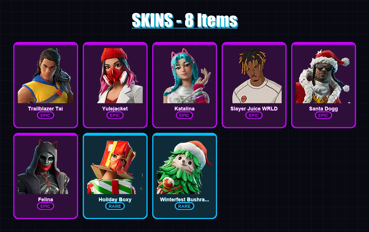 [SWITCH/XBOX/PSN/PC] | Trailblazer Tai | Yulejacket | Katalina | Slayer Juice WRLD | Santa Dogg | 8 skin | 43 pickaxe | 11 emote | 28 glider | Lv379