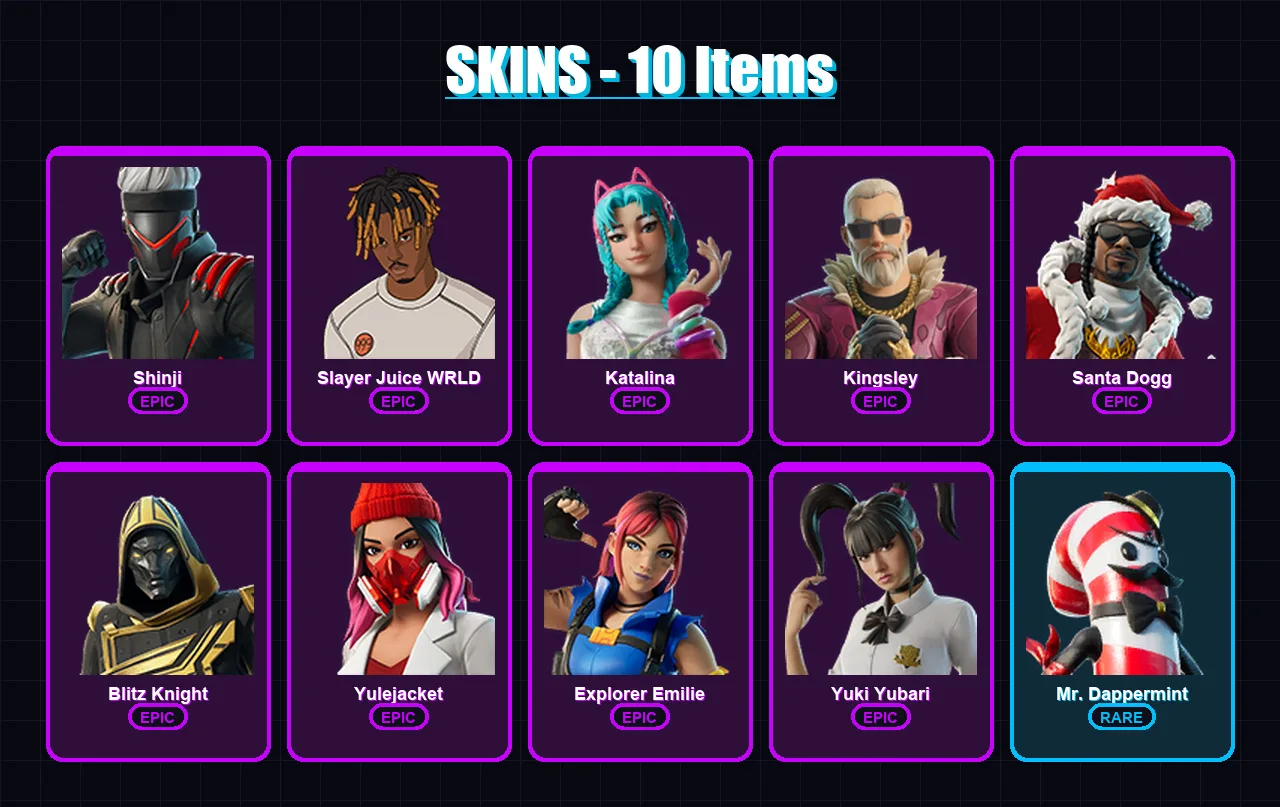 [PS4/PS5/XBOX/PC] | Shinji | Slayer Juice WRLD | Katalina | Kingsley | Santa Dogg | 10 skin | 58 pickaxe | 27 emote | 41 glider | Lv395