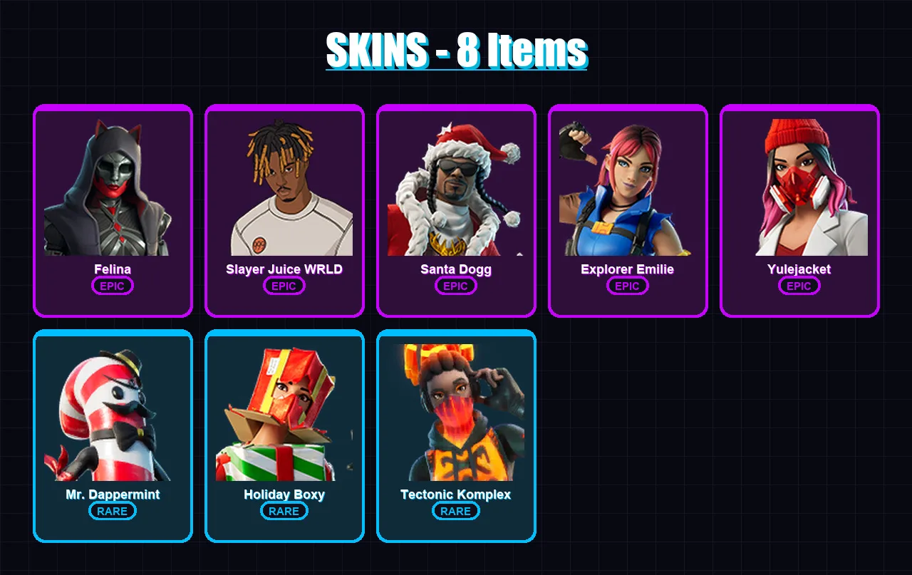[PC/XBOX/PSN] | Felina | Slayer Juice WRLD | Santa Dogg | Explorer Emilie | Yulejacket | 8 skin | 30 pickaxe | 13 emote | 19 glider | Lv364