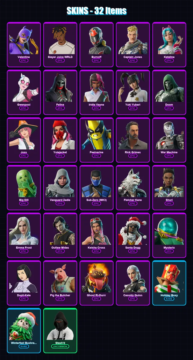 [PS4/PS5/XBOX/PC] | Valentina | Slayer Juice WRLD | Burnoff | Captain Jones | Katalina | 32 skin | 84 pickaxe | 57 emote | 55 glider | Lv848