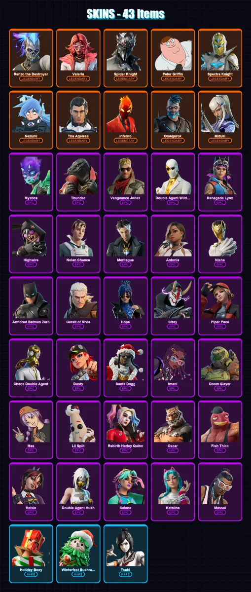 [PC/XBOX/PSN] | Renzo the Destroyer | Valeria | Spider Knight | Peter Griffin | Spectra Knight | 43 skin | 56 pickaxe | 42 emote | 47 glider | Lv646