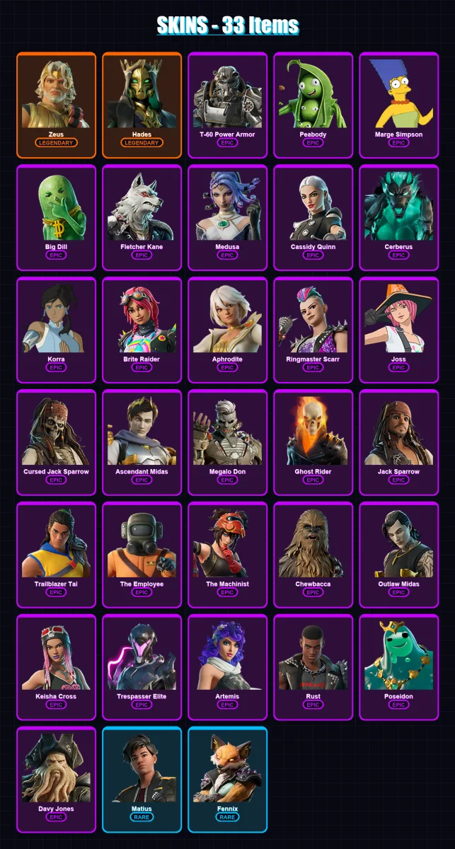 [PS4/PS5/PC] | Zeus | Hades | T-60 Power Armor | Peabody | Marge Simpson | 33 skin | 60 pickaxe | 37 emote | 43 glider | Lv484