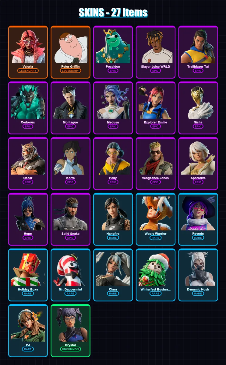 [PC/XBOX/PSN] | Valeria | Peter Griffin | Poseidon | Slayer Juice WRLD | Trailblazer Tai | 27 skin | 32 pickaxe | 27 emote | 24 glider | Lv347