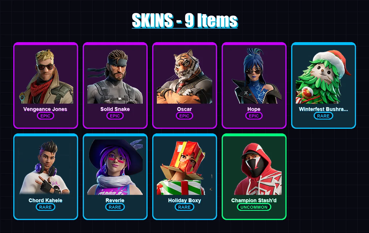 [PS4/PS5/XBOX/PC] | Vengeance Jones | Solid Snake | Oscar | Hope | Winterfest Bushranger | 9 skin | 41 pickaxe | 17 emote | 33 glider | Lv374