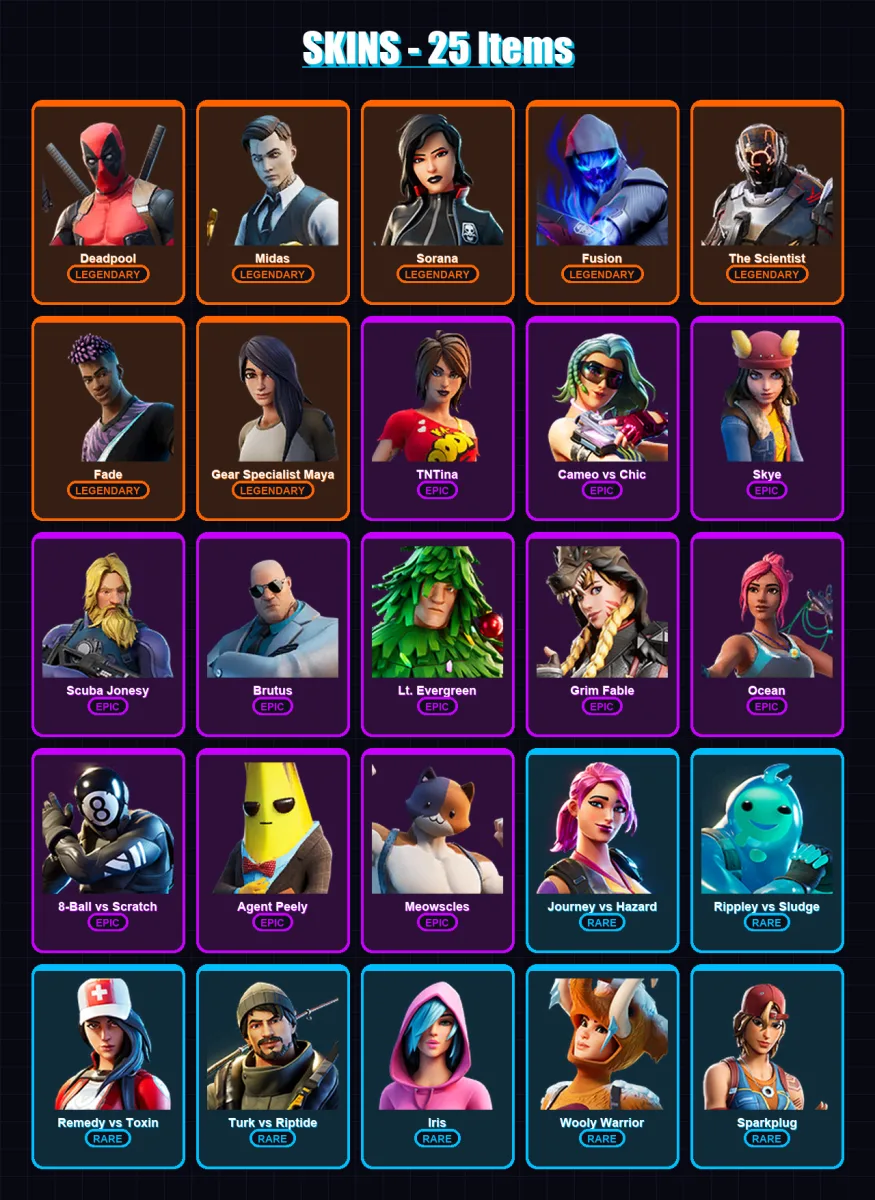 [PC/PSN] | Deadpool | Midas | Sorana | Fusion | The Scientist | 25 skin | 31 pickaxe | 43 emote | 32 glider | Lv684 — Fortnite account