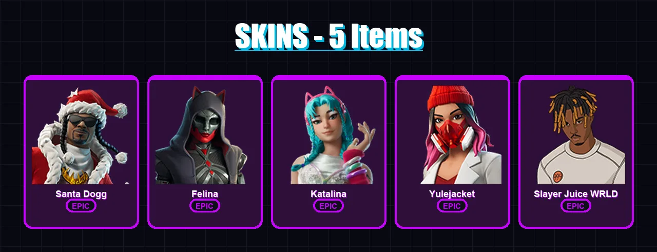 [PC/XBOX/PSN] | Santa Dogg | Felina | Katalina | Yulejacket | Slayer Juice WRLD | 5 skin | 21 pickaxe | 11 emote | 12 glider | Lv524
