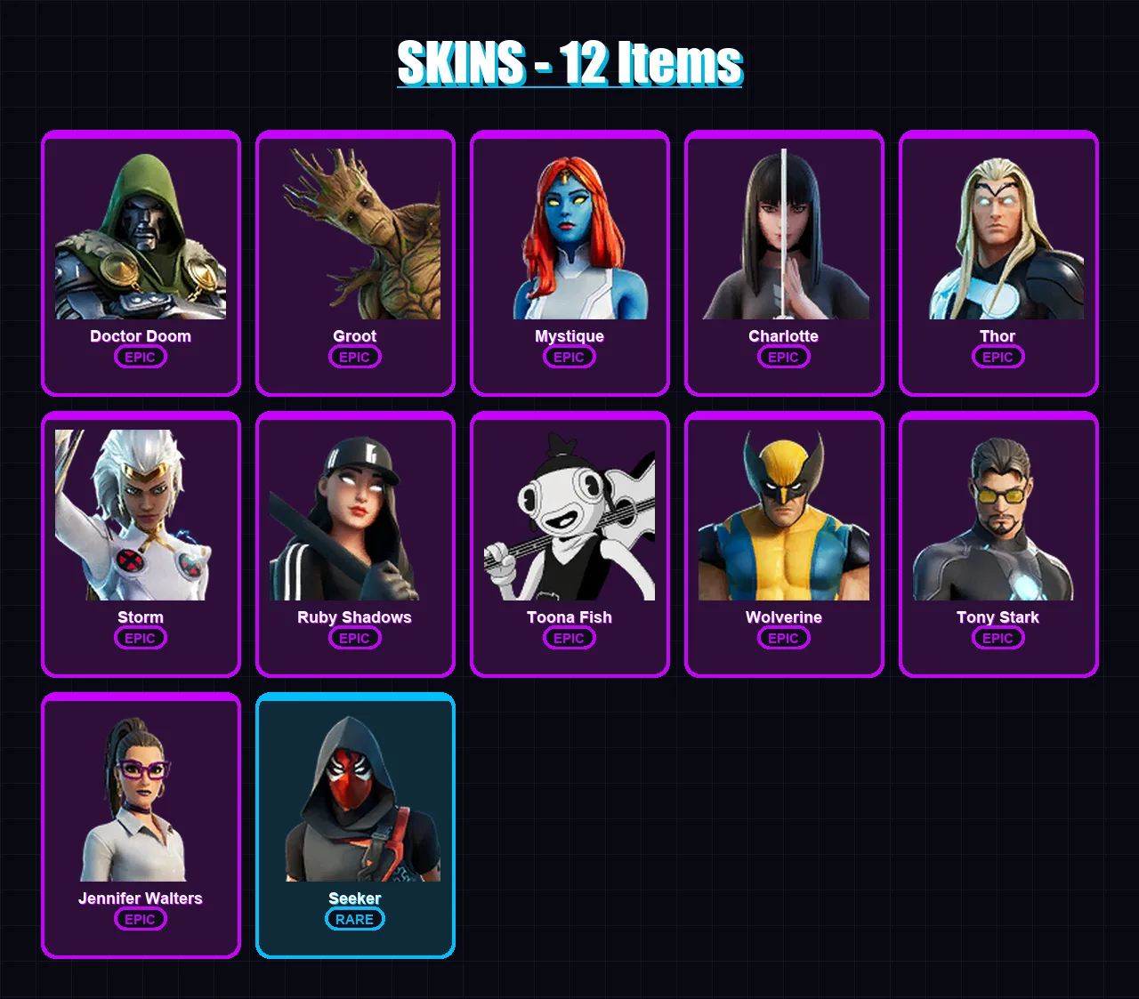 [PC/XBOX/PSN] | Doctor Doom | Groot | Mystique | Charlotte | Thor | 12 skin | 23 pickaxe | 13 emote | 22 glider | Lv452
