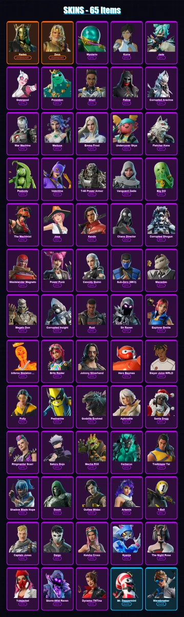 [PS4/PS5/XBOX/PC] | Hades | Zeus | Mysterio | Korra | Jade | 65 skin | 95 pickaxe | 84 emote | 69 glider | Lv1263
