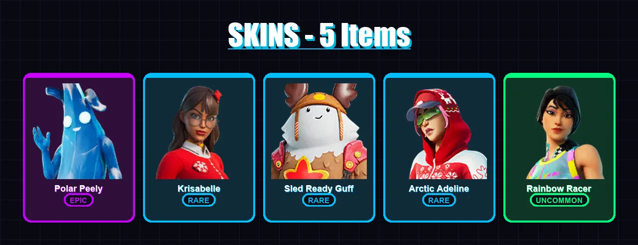 [PC/XBOX/PSN] | Polar Peely | Krisabelle | Sled Ready Guff | Arctic Adeline | Rainbow Racer | 5 skin | 10 pickaxe | 9 emote | 13 glider | Lv101
