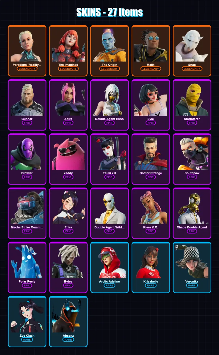 [PC/XBOX/PSN] | Paradigm (Reality-659) | The Imagined | The Origin | Malik | Snap | 27 skin | 37 pickaxe | 25 emote | 24 glider | Lv327