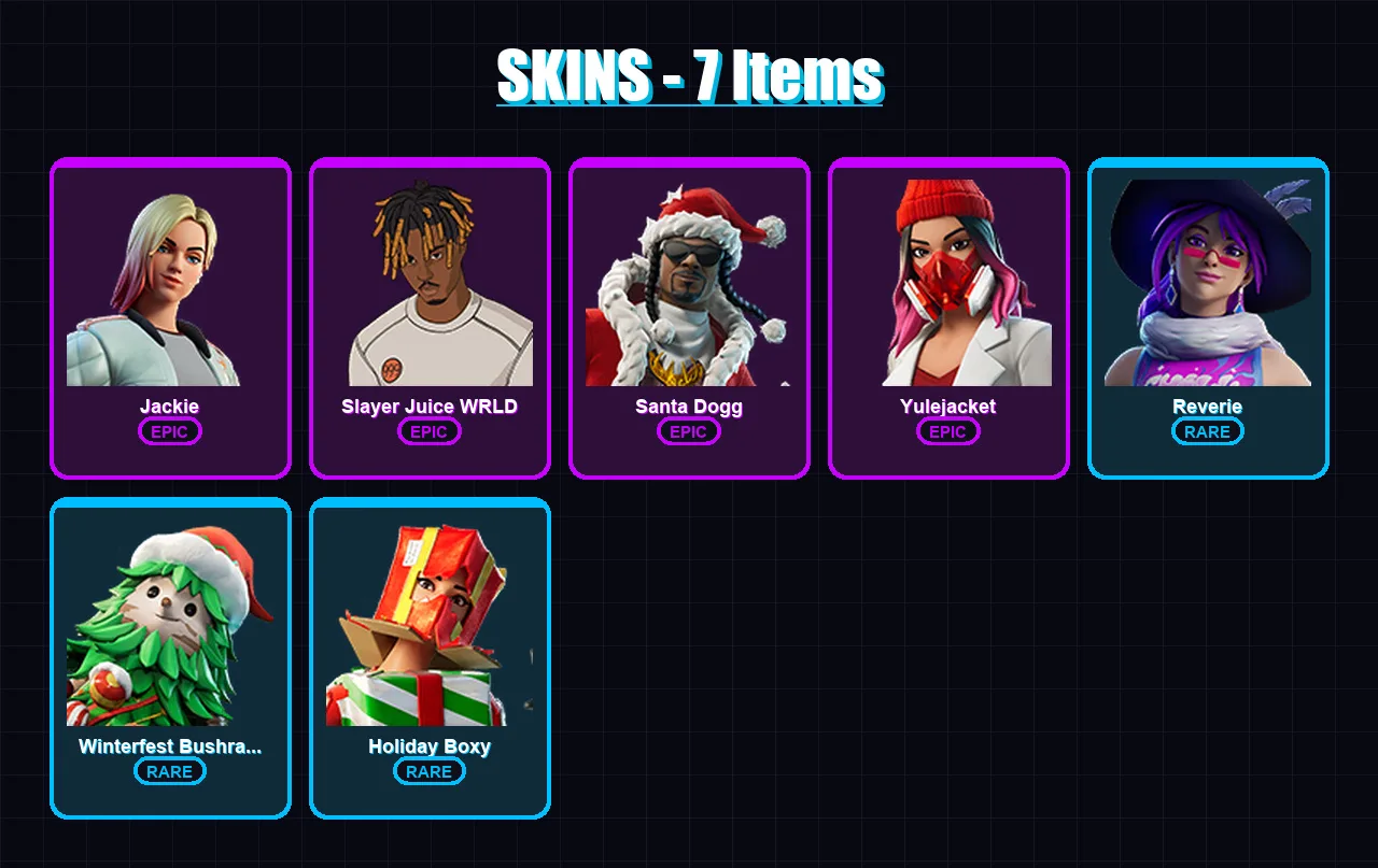 [PC/XBOX/PSN] | Jackie | Slayer Juice WRLD | Santa Dogg | Yulejacket | Reverie | 7 skin | 20 pickaxe | 8 emote | 13 glider | Lv146