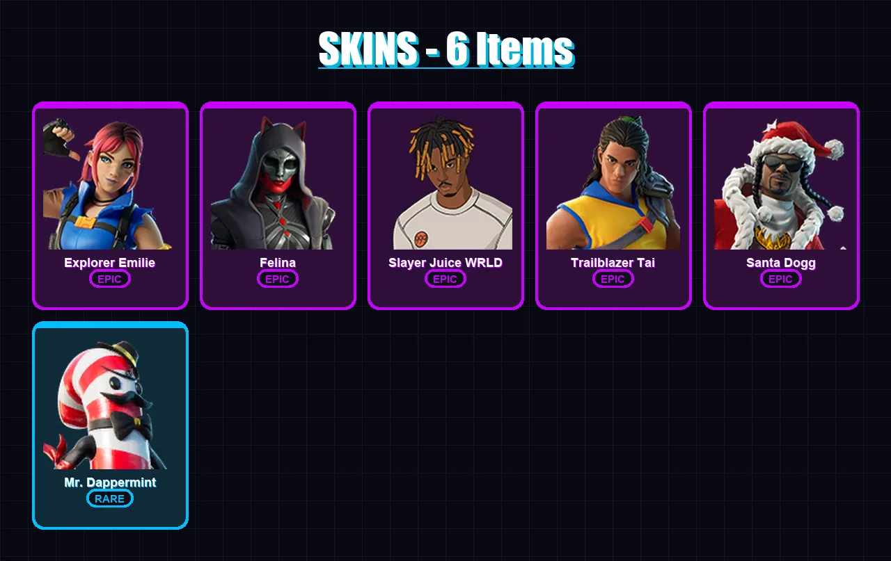 [SWITCH/XBOX/PSN/PC] | Explorer Emilie | Felina | Slayer Juice WRLD | Trailblazer Tai | Santa Dogg | 6 skin | 14 pickaxe | 8 emote | 9 glider | Lv15