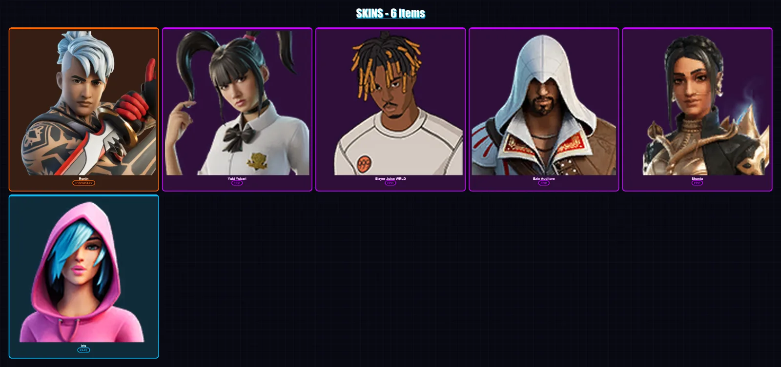 [PC/XBOX] | Ronin | Yuki Yubari | Slayer Juice WRLD | Ezio Auditore | Shanta | 6 skin | 14 pickaxe | 11 emote | 12 glider | Lv190