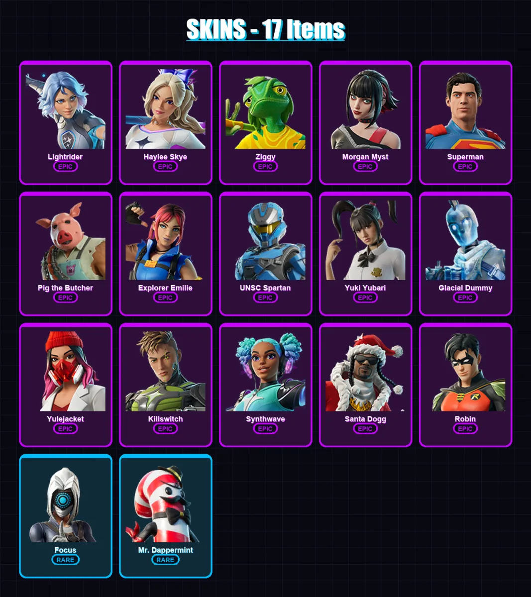 [PC/XBOX/PSN] | Lightrider | Haylee Skye | Ziggy | Morgan Myst | Superman | 17 skin | 66 pickaxe | 29 emote | 42 glider | Lv551