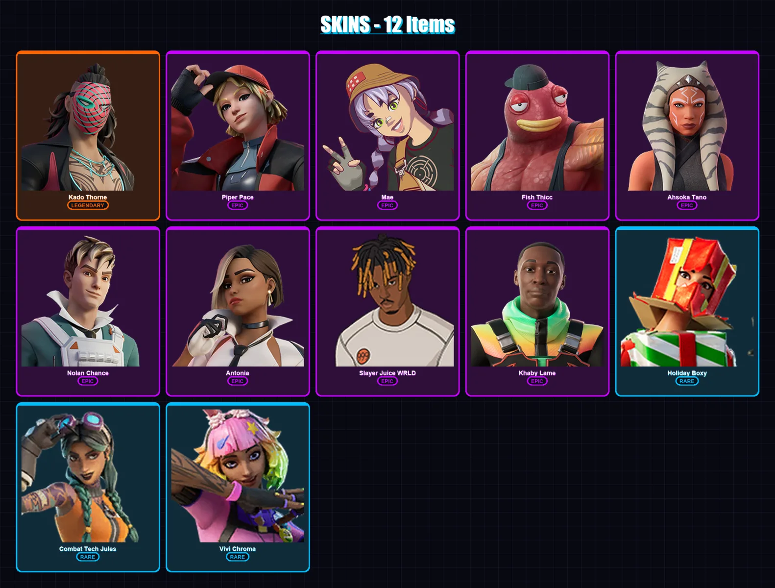 [PC/XBOX] | Kado Thorne | Piper Pace | Mae | Fish Thicc | Ahsoka Tano | 12 skin | 31 pickaxe | 22 emote | 21 glider | Lv523