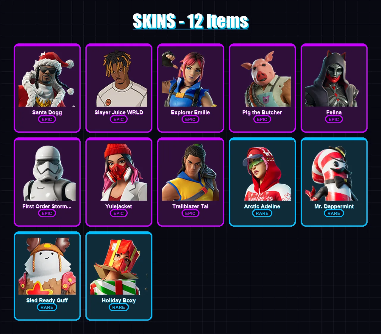 [PS4/PS5/XBOX/PC] | Santa Dogg | Slayer Juice WRLD | Explorer Emilie | Pig the Butcher | Felina | 12 skin | 67 pickaxe | 20 emote | 39 glider | Lv59 — Fortnite account