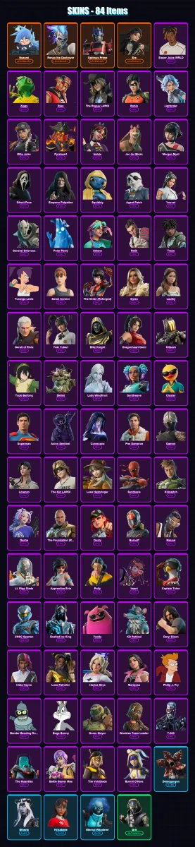 [PC] | Nezumi | Renzo the Destroyer | Optimus Prime | Era | Slayer Juice WRLD | 84 skin | 122 pickaxe | 97 emote | 86 glider | Lv1140