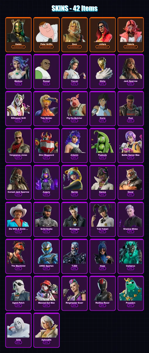 [PS4/PS5/PC] | Hades | Peter Griffin | Zeus | Joltara | Valeria | 42 skin | 52 pickaxe | 38 emote | 41 glider | Lv648