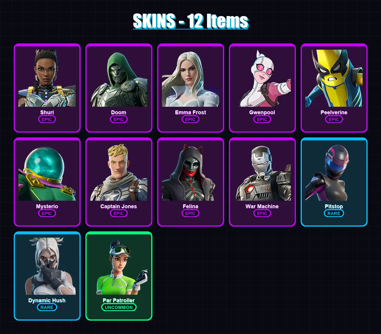 [PC/XBOX/PSN] | Shuri | Doom | Emma Frost | Gwenpool | Peelverine | 12 skin | 21 pickaxe | 17 emote | 14 glider | Lv284