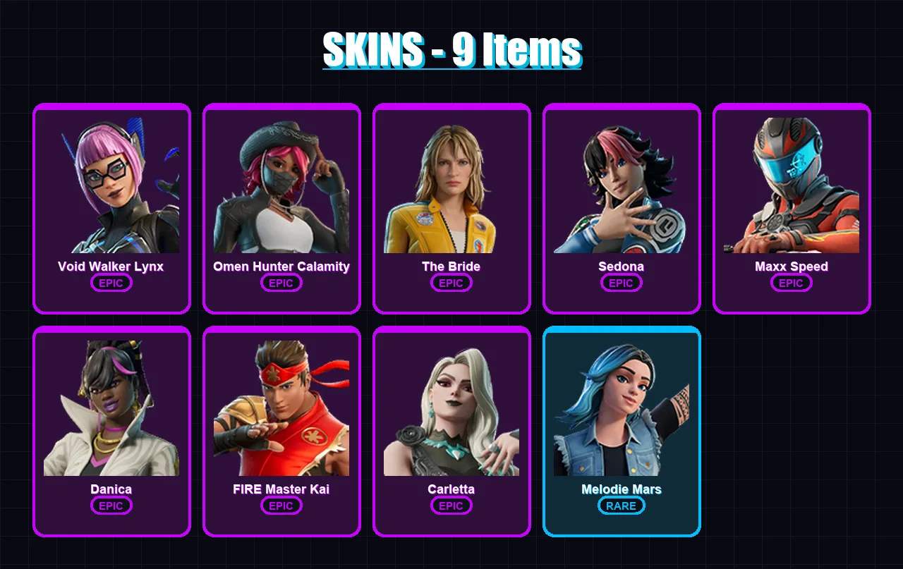 [PC/XBOX/PSN] | Void Walker Lynx | Omen Hunter Calamity | The Bride | Sedona | Maxx Speed | 9 skin | 4 pickaxe | 1 emote | 3 glider | Lv21