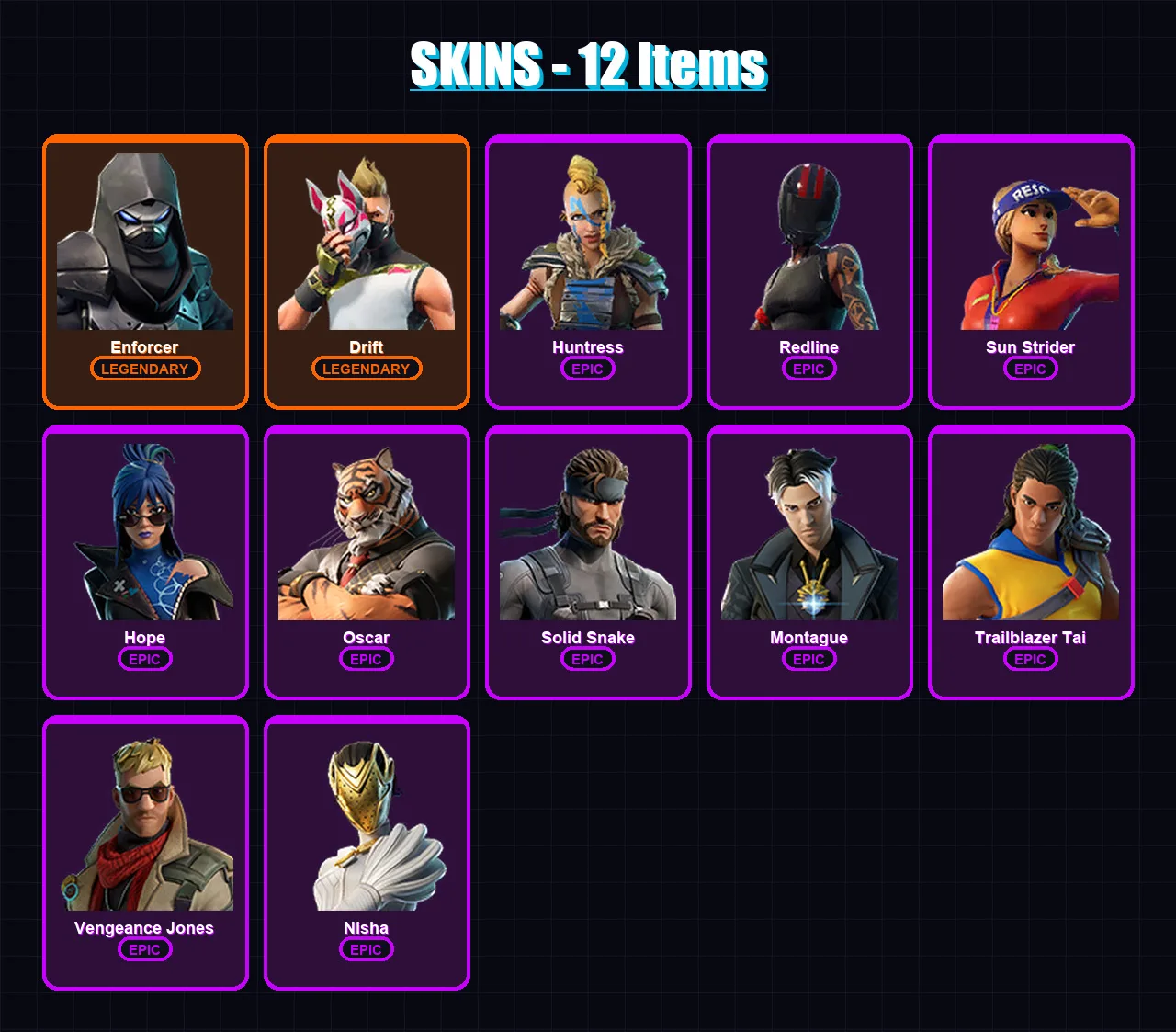 [PC/XBOX] | Enforcer | Drift | Huntress | Redline | Sun Strider | 12 skin | 15 pickaxe | 21 emote | 16 glider | Lv224
