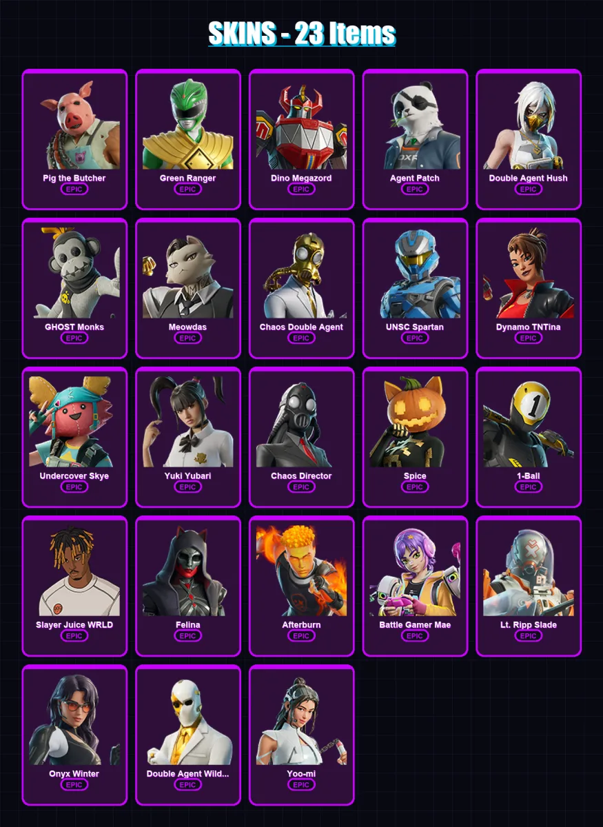 [PC/XBOX/PSN] | Pig the Butcher | Green Ranger | Dino Megazord | Agent Patch | Double Agent Hush | 23 skin | 71 pickaxe | 39 emote | 47 glider | Lv7