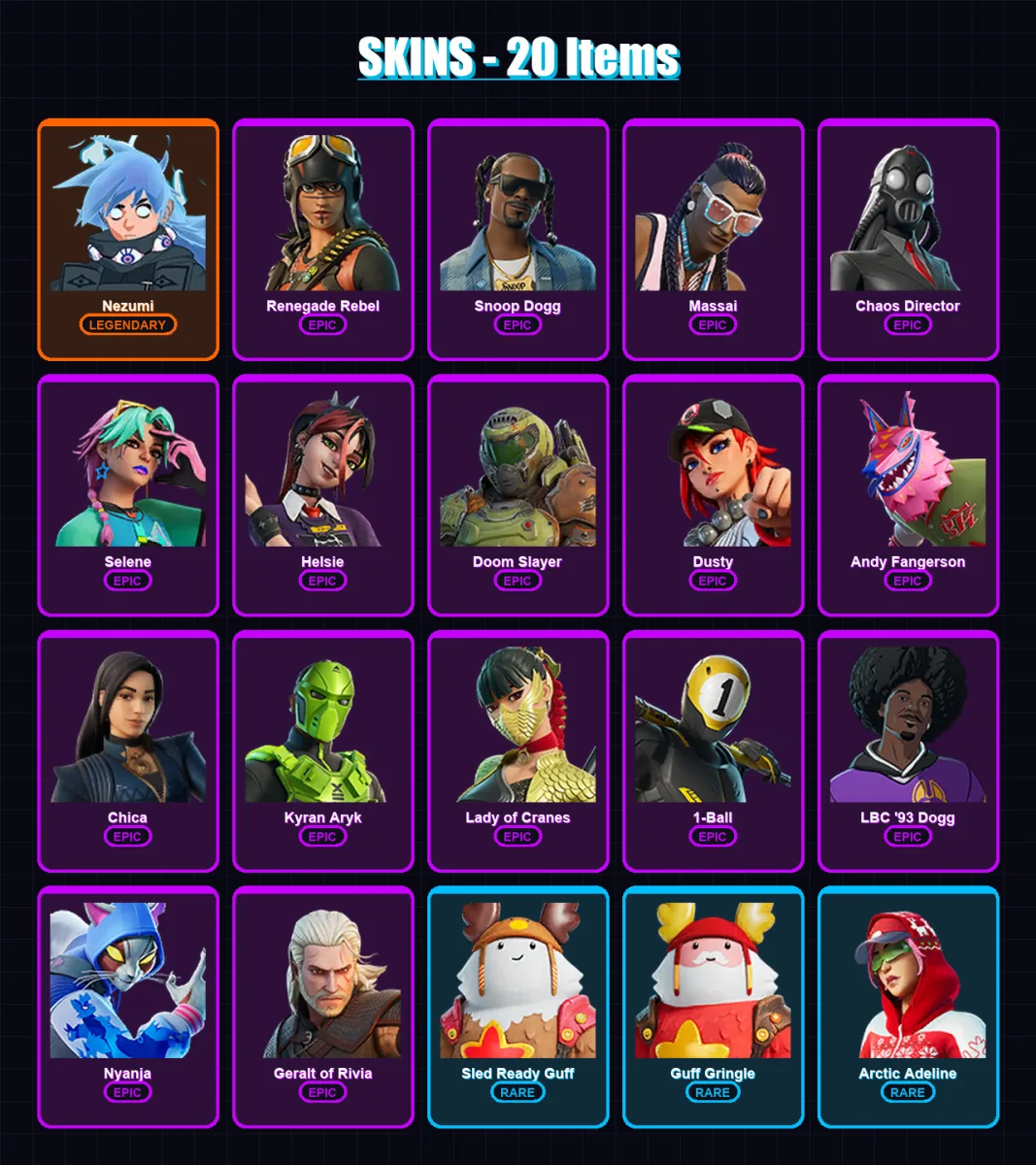 [PC/XBOX/PSN] | Nezumi | Renegade Rebel | Snoop Dogg | Massai | Chaos Director | 20 skin | 30 pickaxe | 22 emote | 18 glider | Lv203