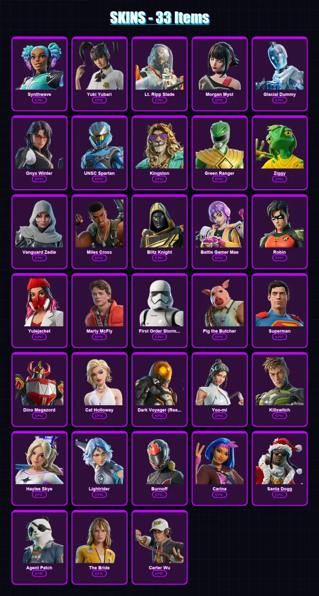 [PC/XBOX/PSN] | Synthwave | Yuki Yubari | Lt. Ripp Slade | Morgan Myst | Glacial Dummy | 33 skin | 92 pickaxe | 46 emote | 56 glider | Lv918